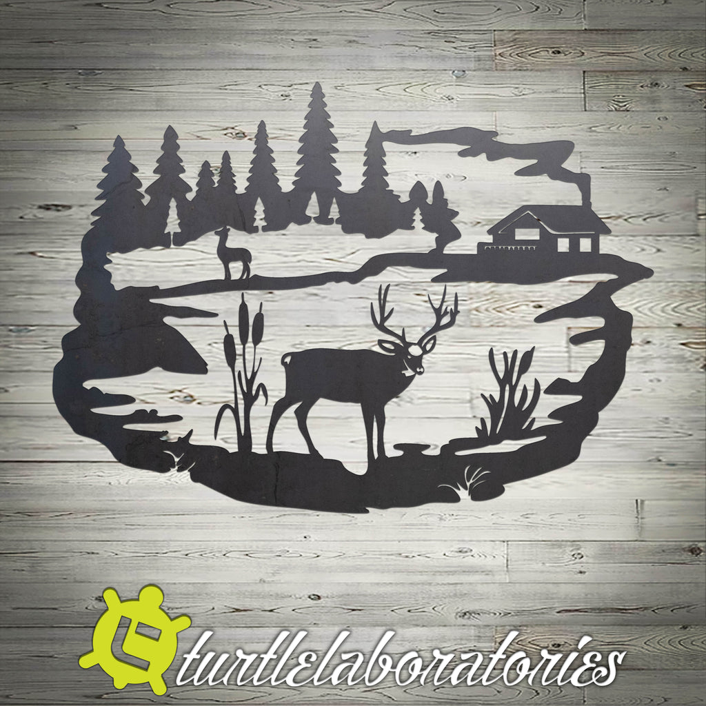 Deer and Cabin Mountain Scene